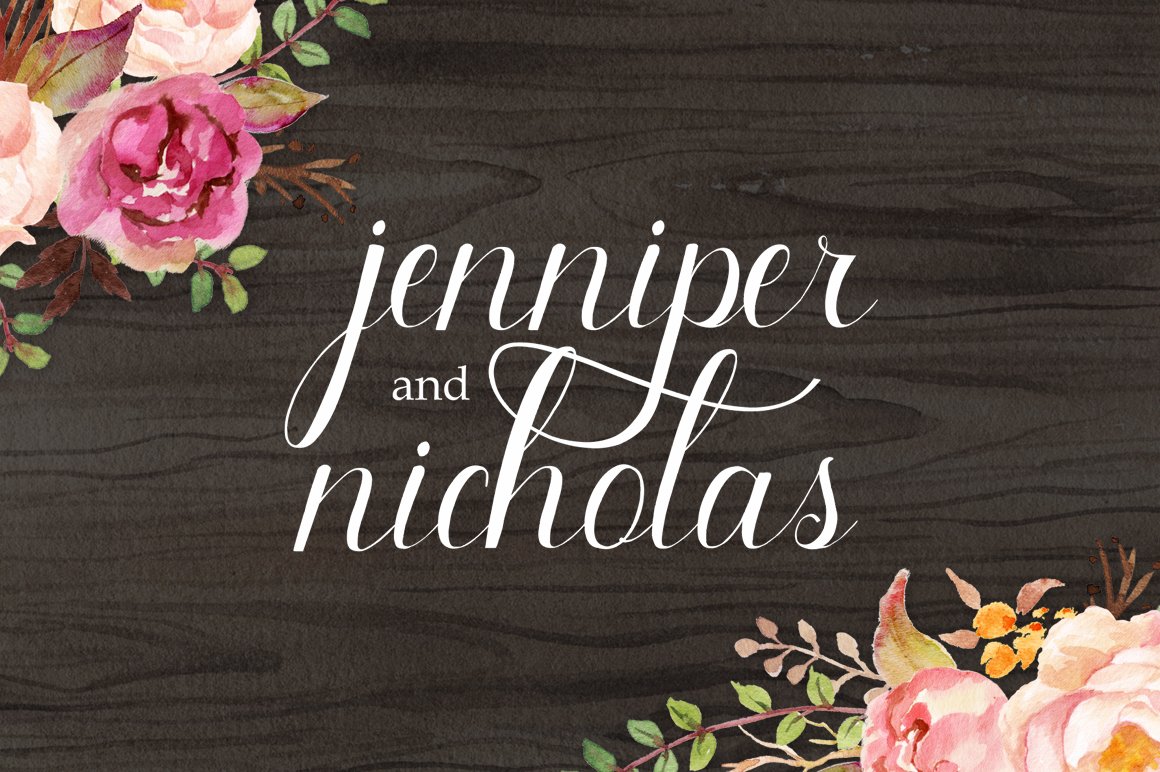 White lettering "Jenniper and Nicholas" on a wooden background with flower illustrtaions.