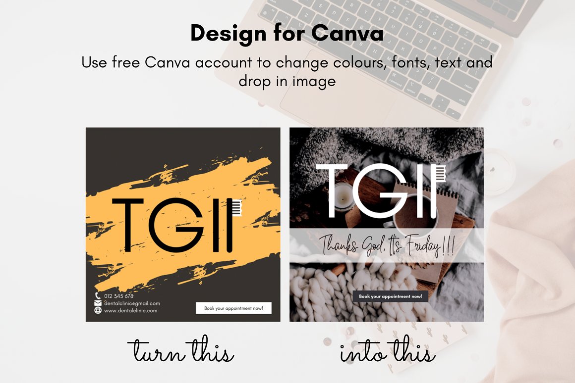 Lettering "Design for Canva" in black and examples of turn this and into this.