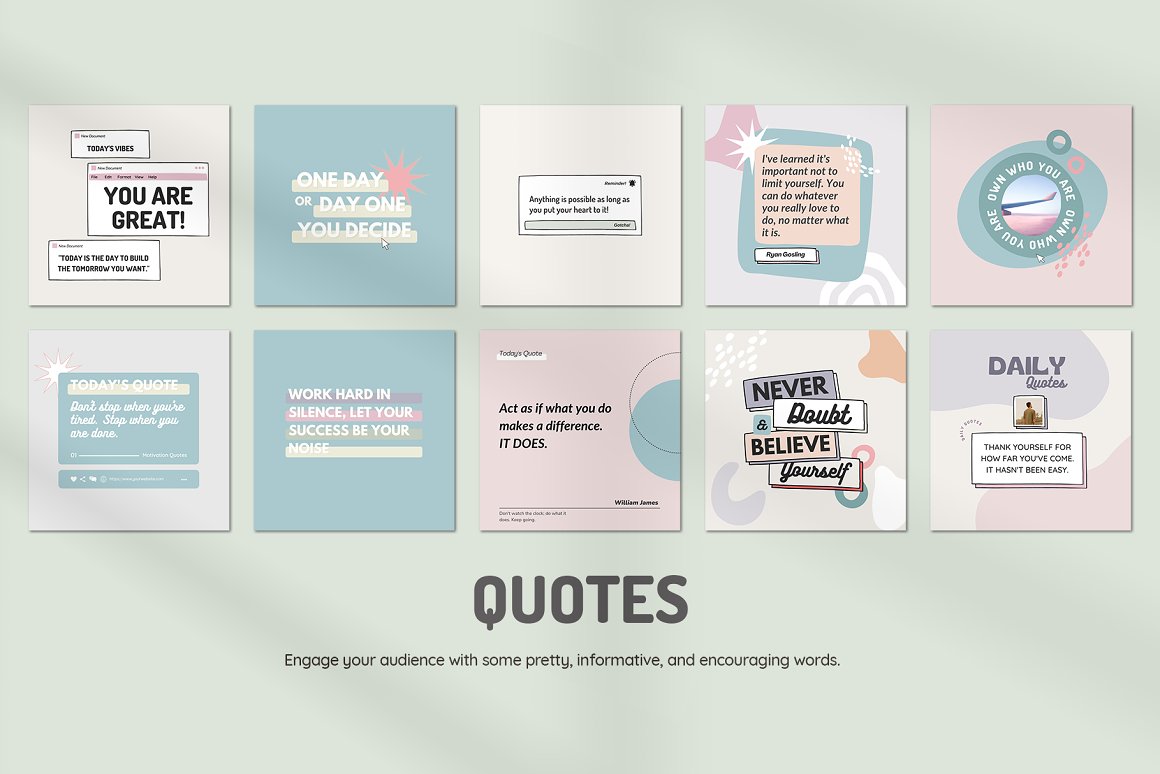 Quotes Instagram square infographics set on a light blue background.