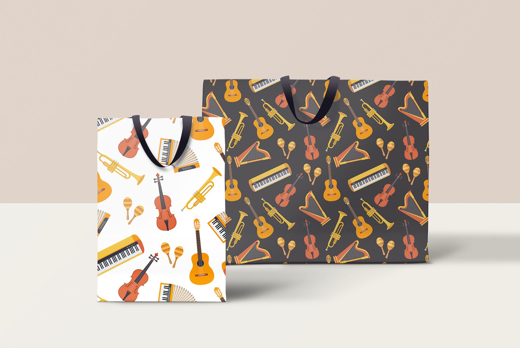 Two paper bags with musical instruments prints.