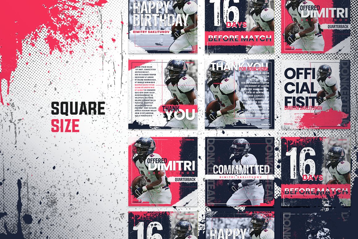 Collection of different square sports social media templates.