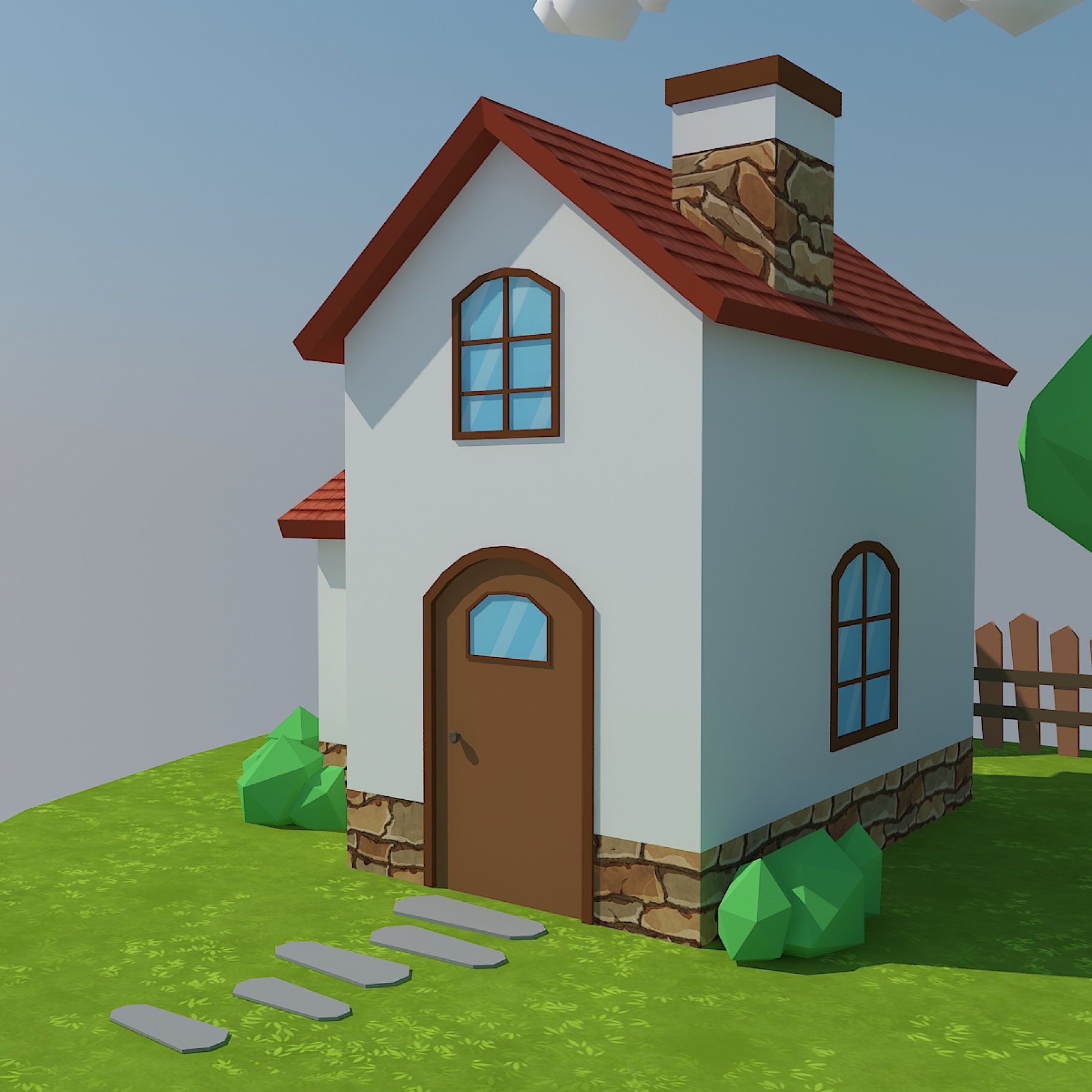 Low poly house front mockup in close-up.