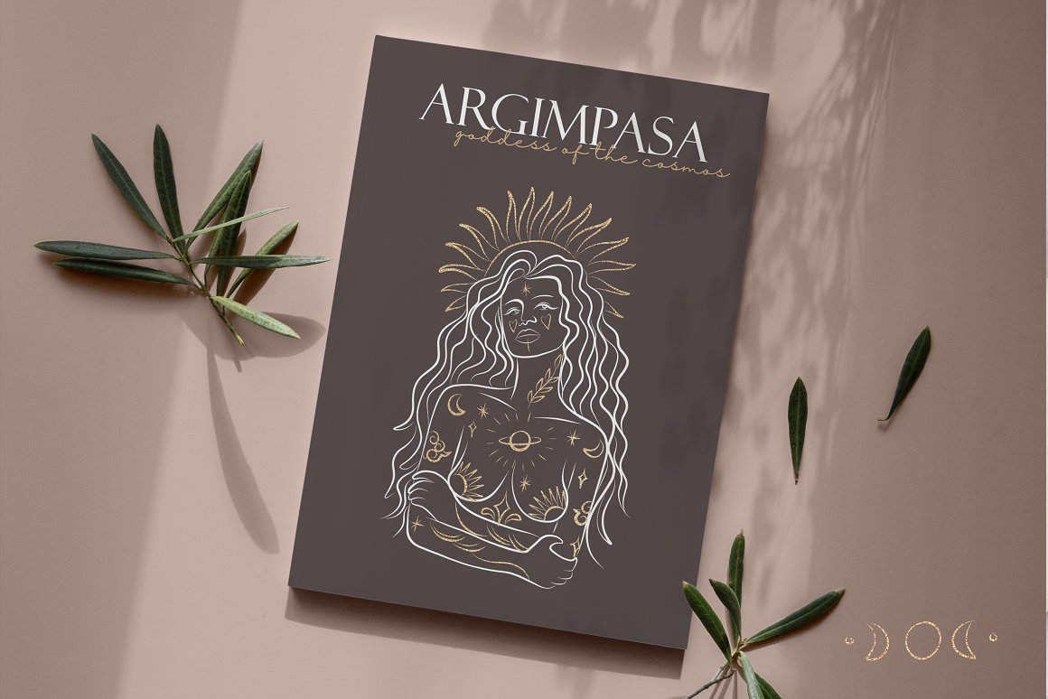 Brown book with white lettering "Argimpasa" and her illustration.