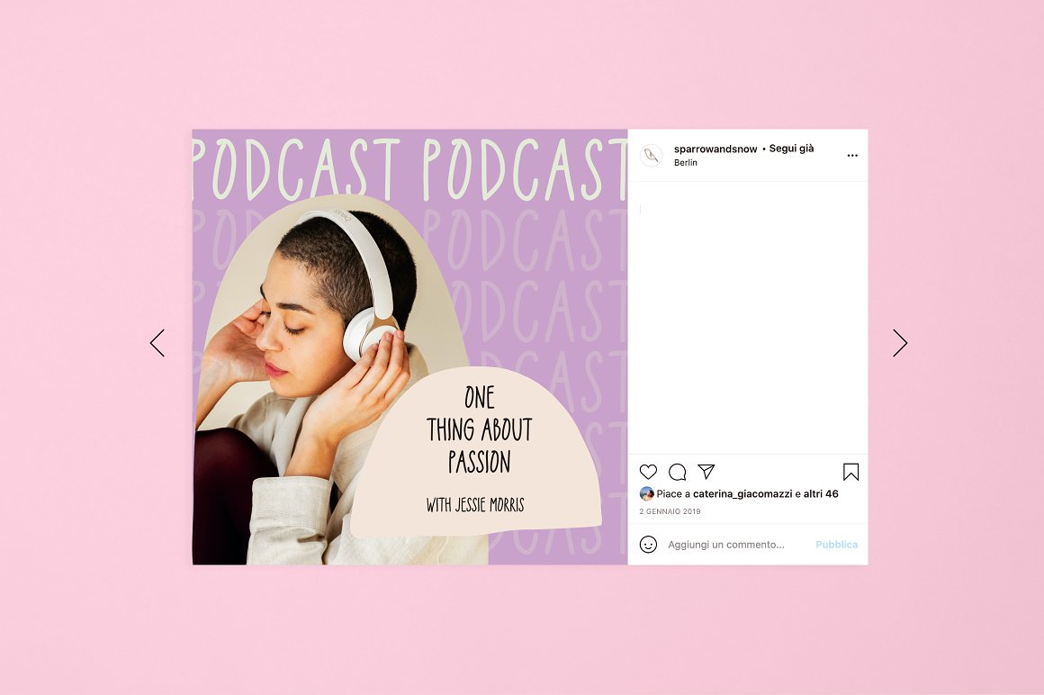 Instagram post of podcast by sparrowandsnow on a pink background.