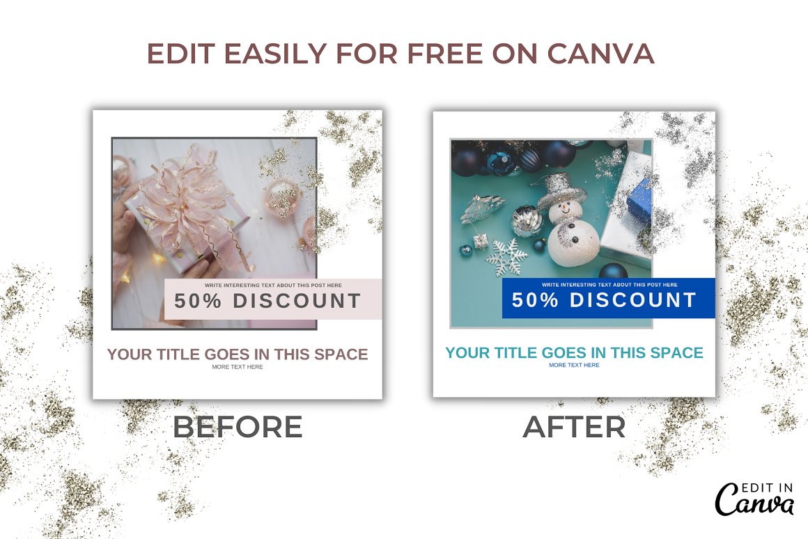 Instagram post before and after and lettering "Edit easily for free on Canva".