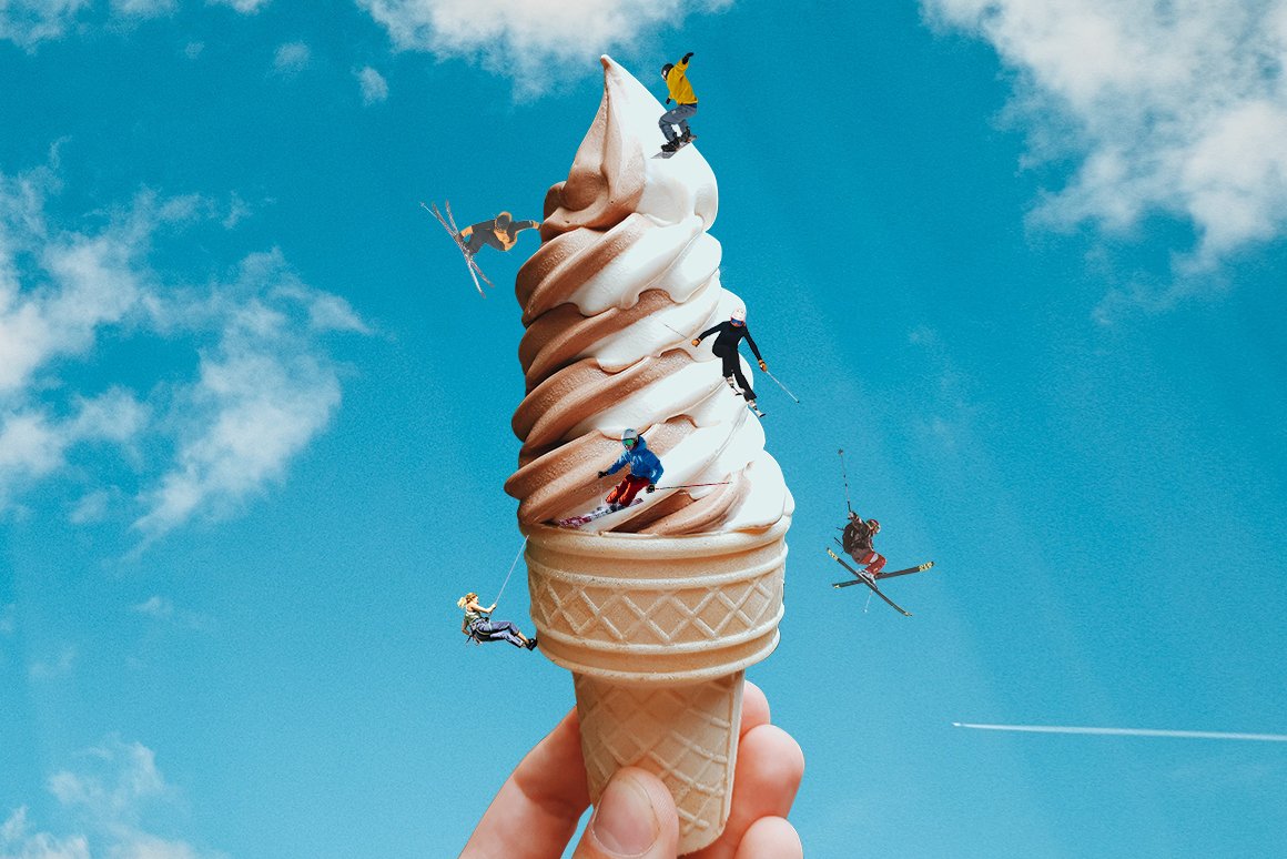 Illustration of ice cream with sport people against the sky.