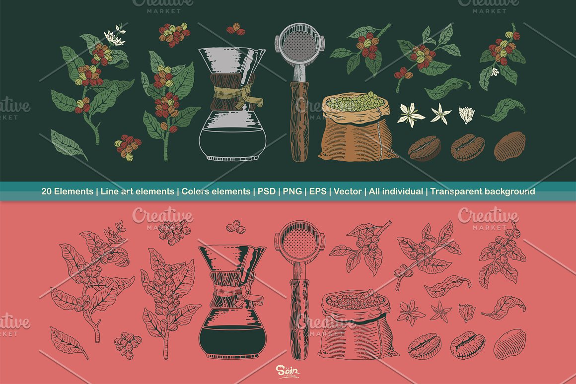 A set of 20 different coffee elements on a green and pink background.