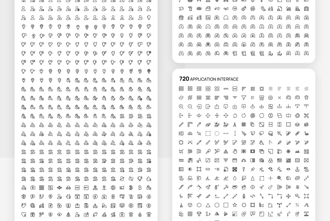 Big kit of 720 different application interface icons on a gray background.