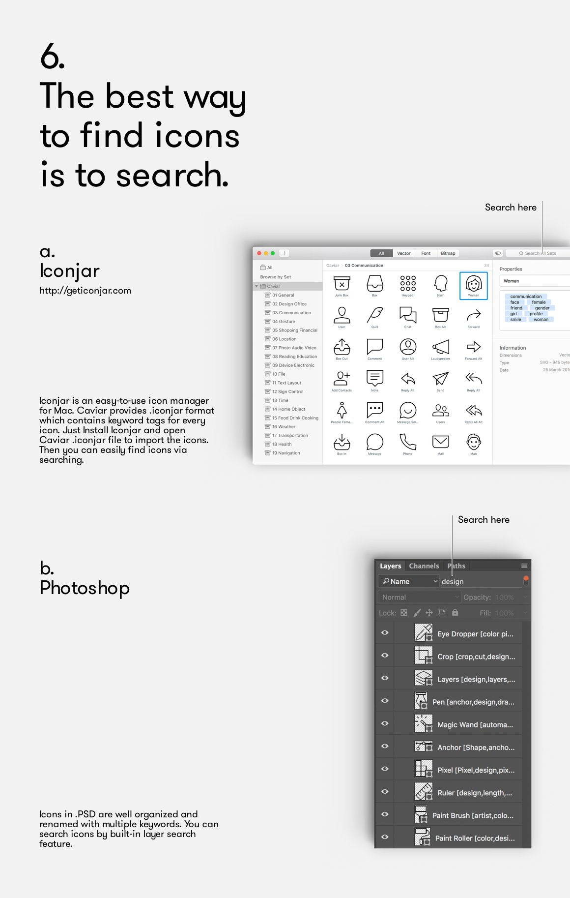 Black lettering "The best way to find icons is to search" and 2 examples in Iconjar and Photoshop on a gray background.