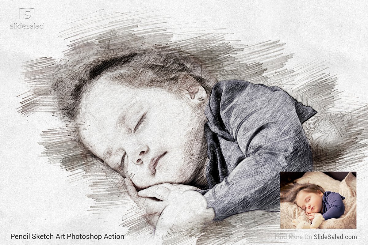Pencil Sketch Art Photoshop Action - sleeping baby example with photo.