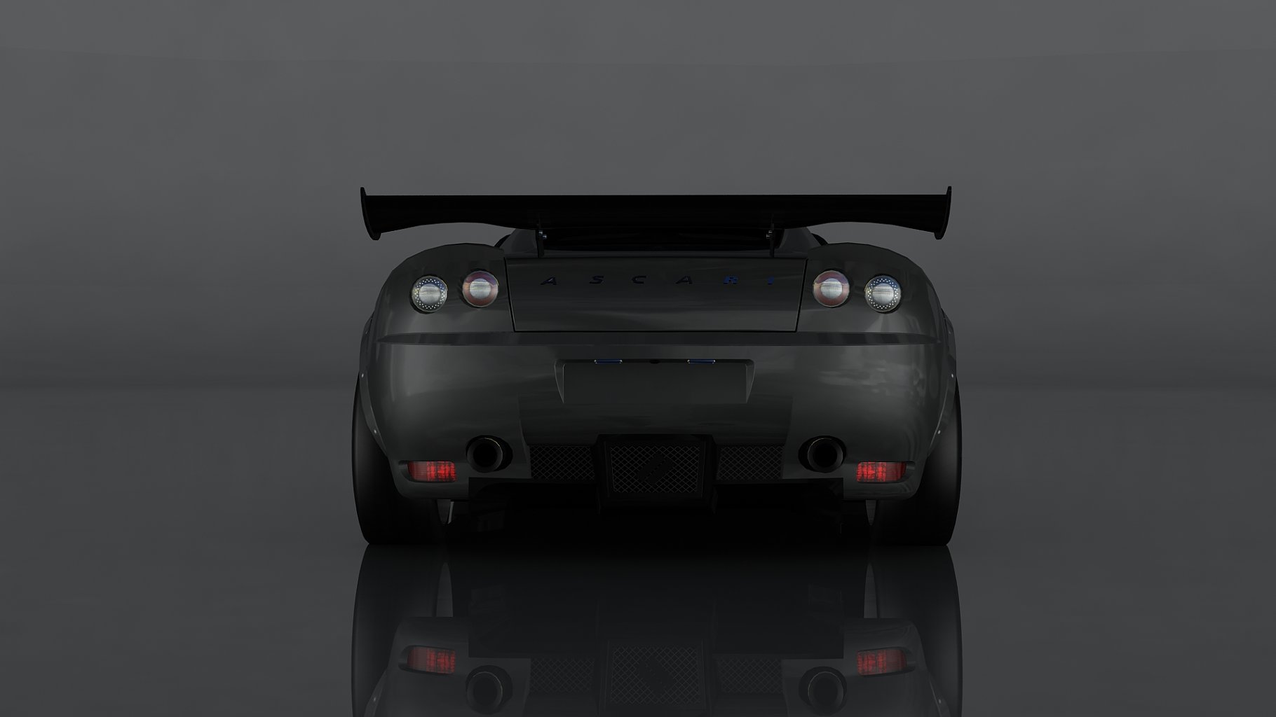 Back mockup of ascari kz1r low poly 3d model on a dark gray background.
