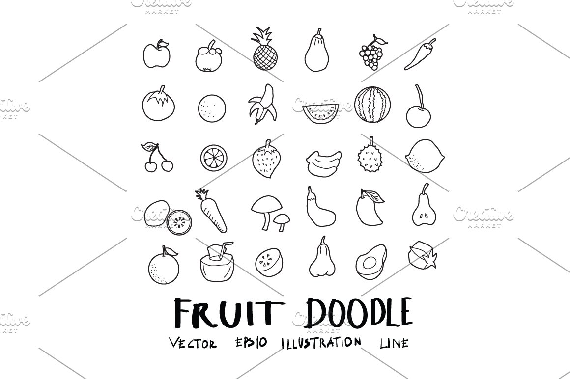 Fruit black doodle icons pack on a white background.