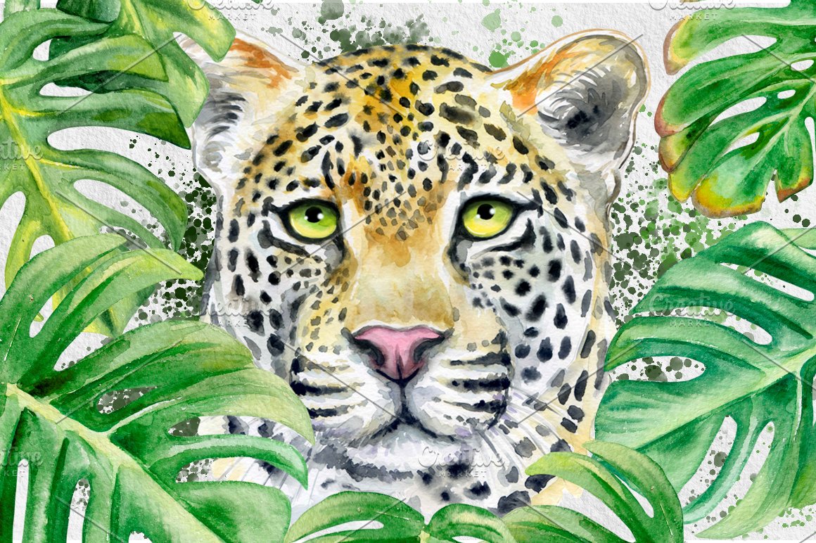Leopard face with green eyes.