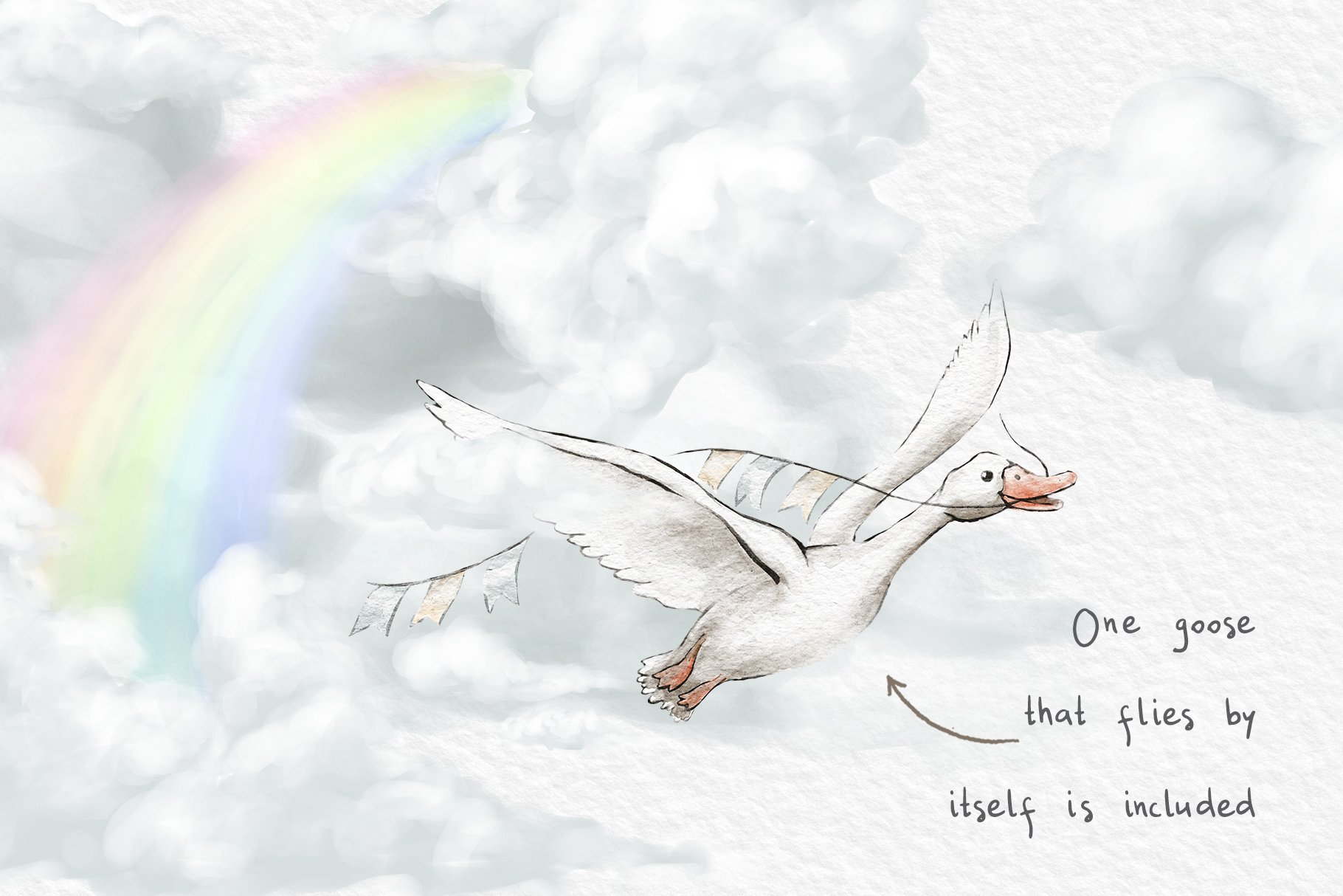 So cute flying white bird near the rainbow.