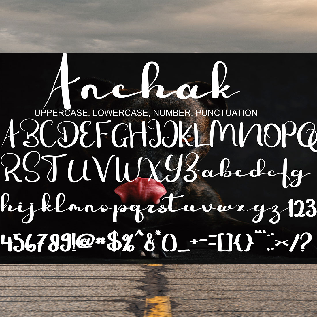 Anchak Script Signature Font alphabet, numbers and pucntuation preview.