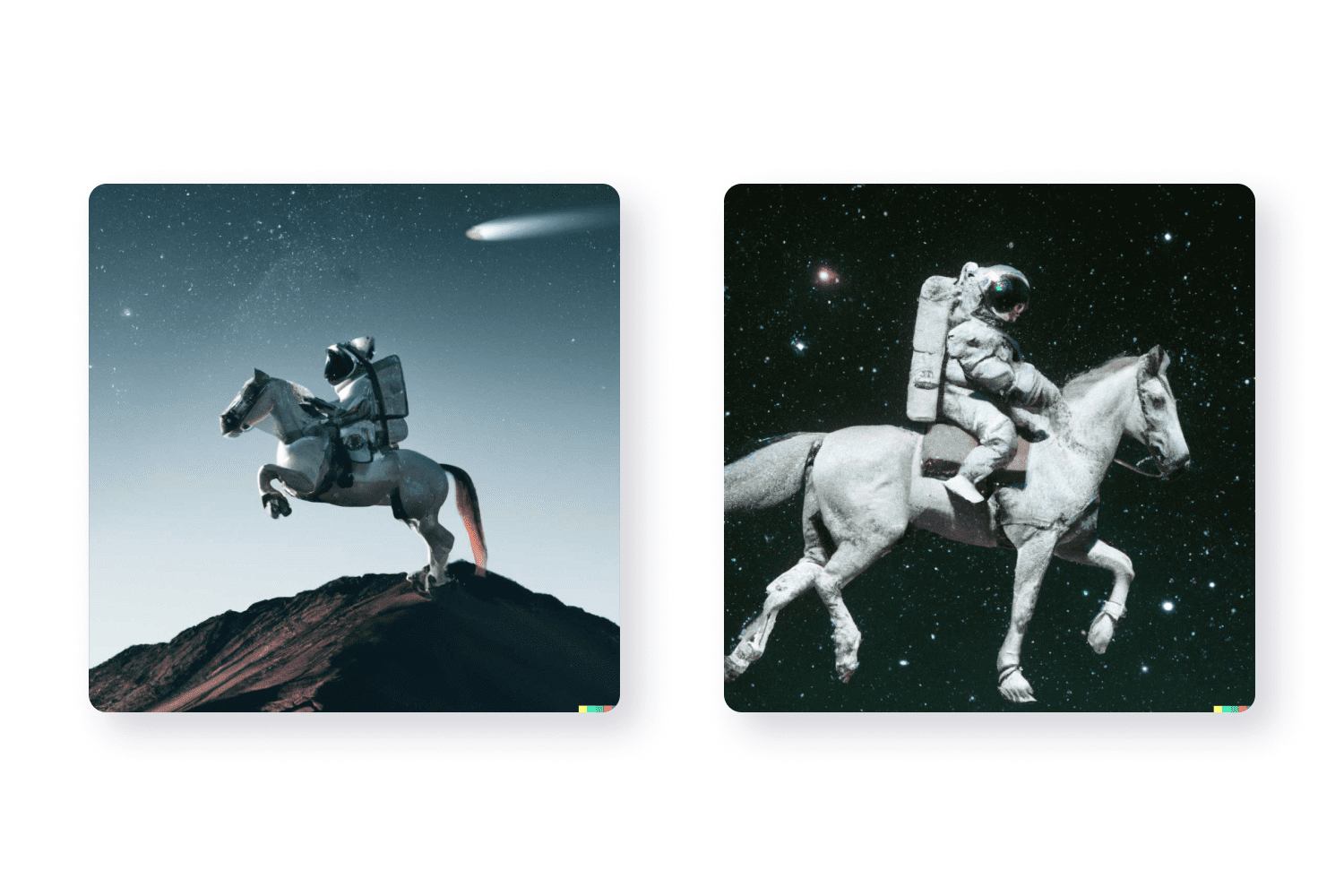 Collage with an astronaut on a horse in space.