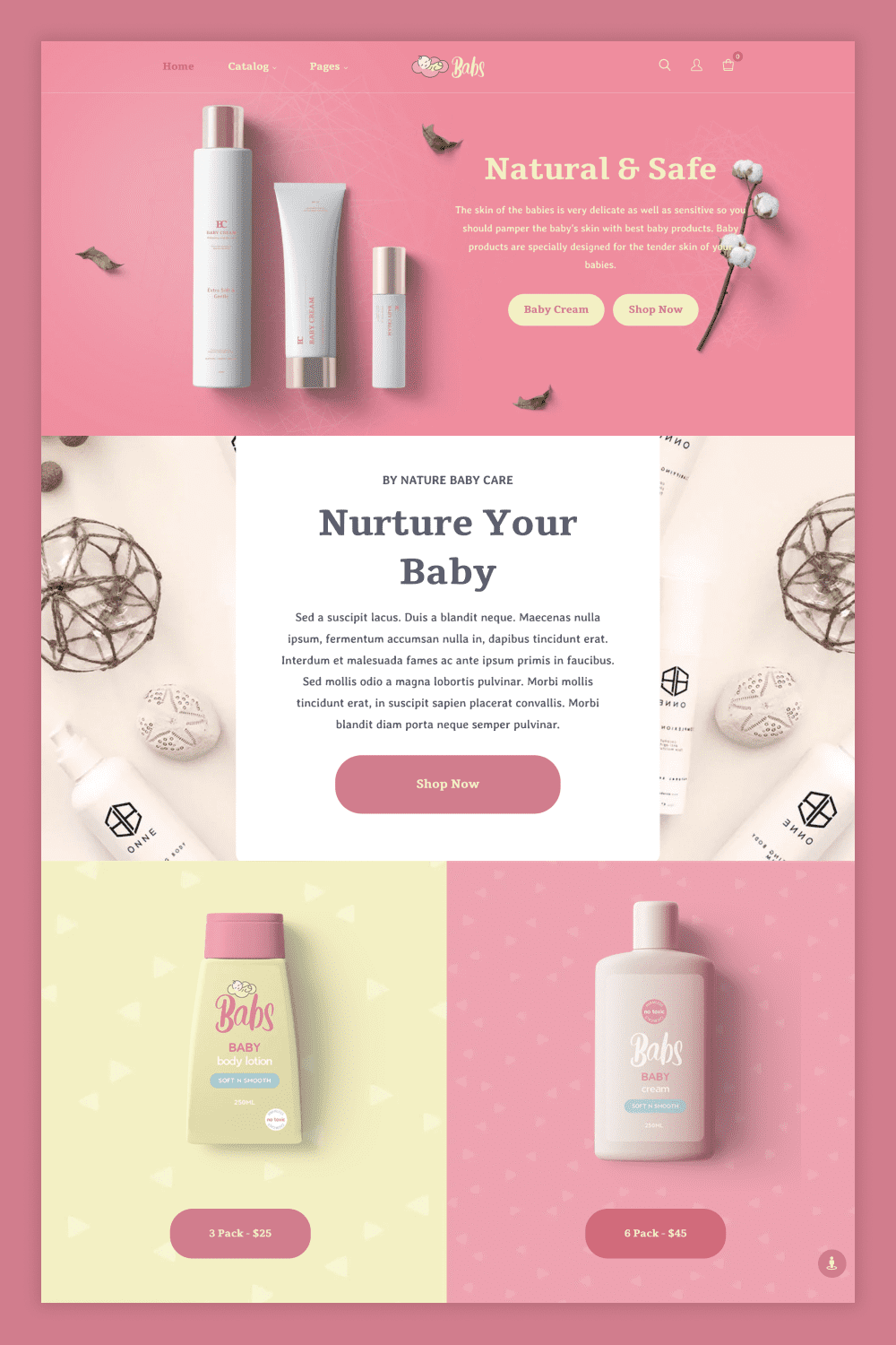 Screenshot of the main page of a children's beauty product store with a pink and yellow background.