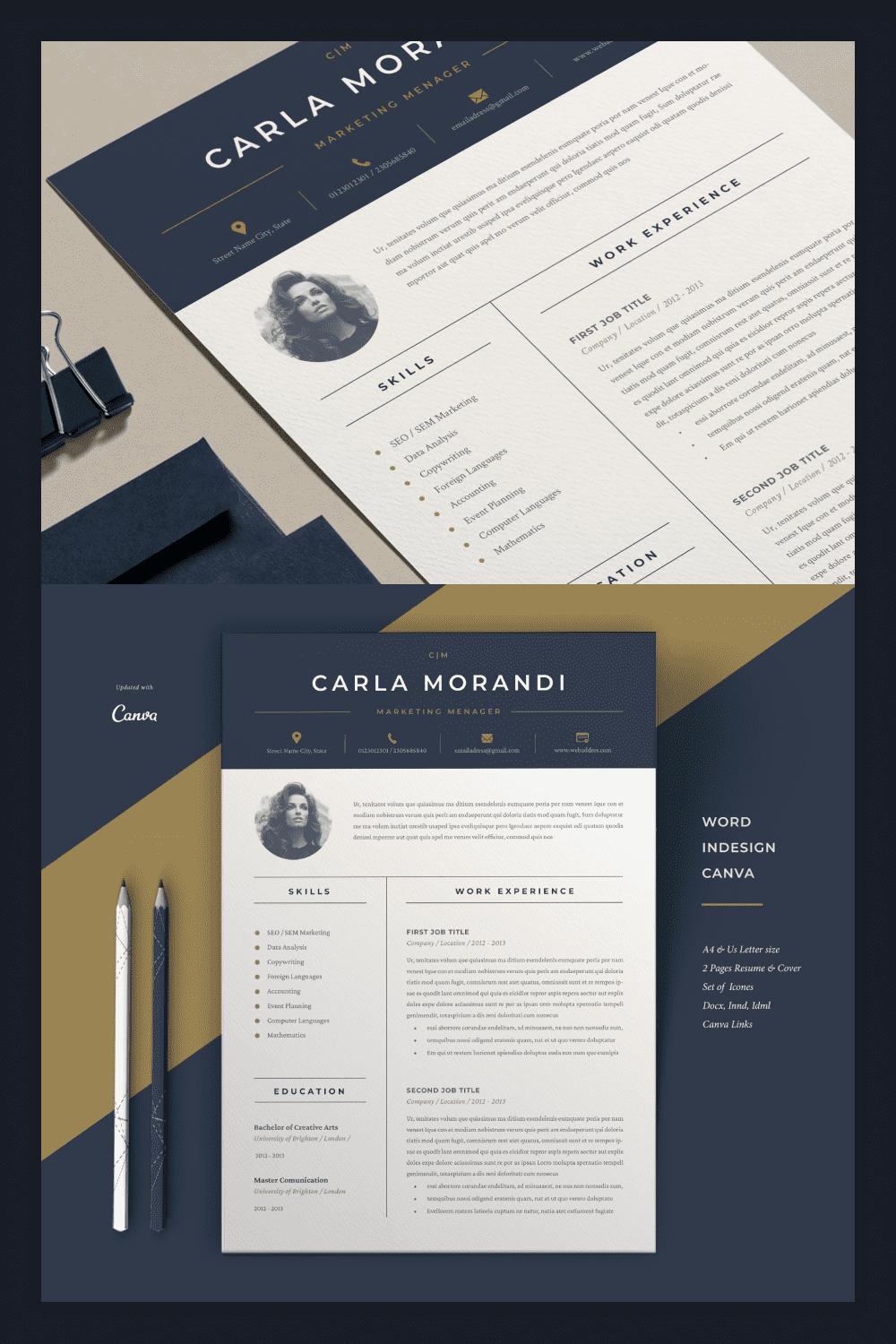 Collage of resume pages with blue header and two column text.