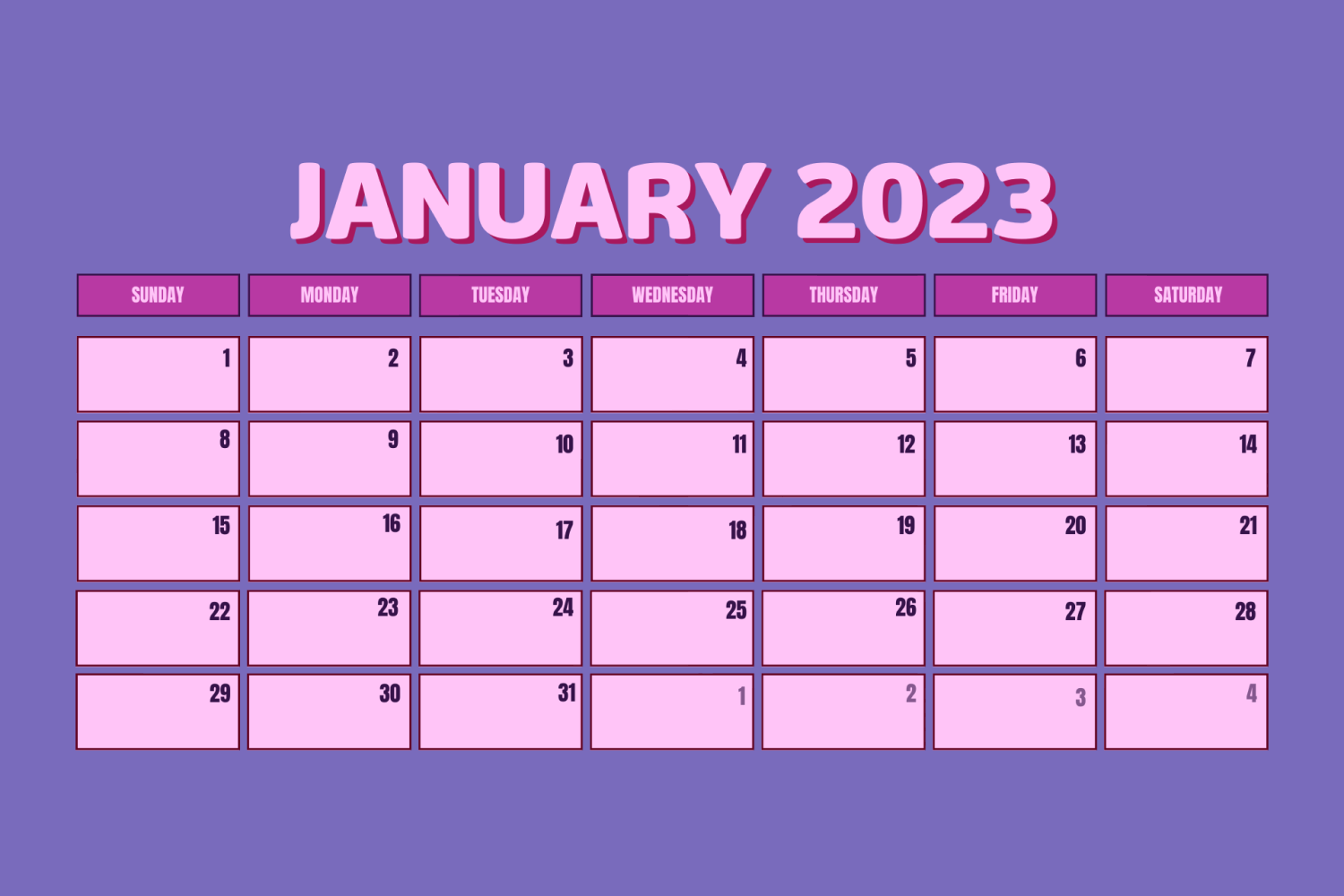 Pink and Purple Calendar with places for notes.