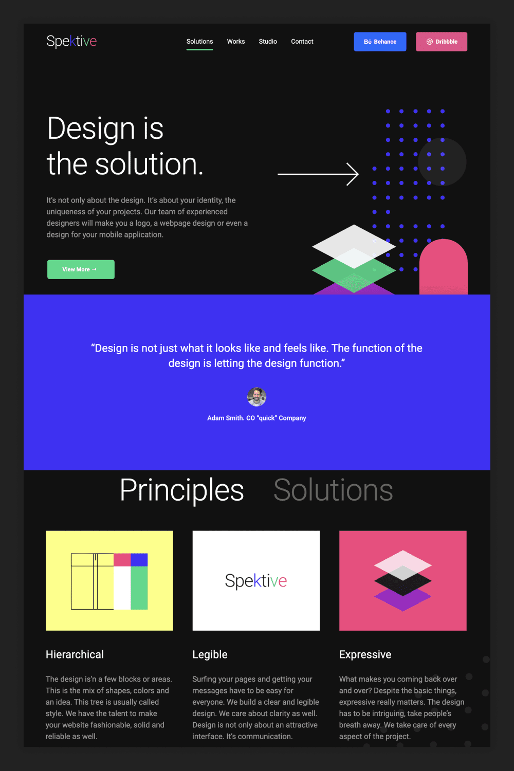 Screenshot of the main page of the site with clear geometric shapes.