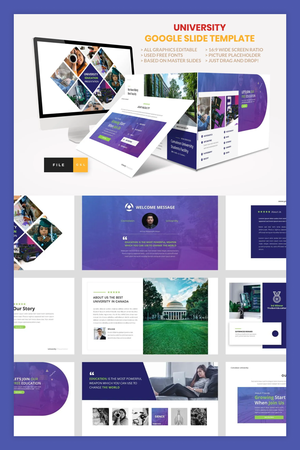 Collage of presentation pages with white and purple background.