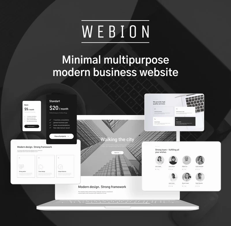 Cover with white lettering "Webion Minimal multipurpose modern business website and macbook mockup with different templates.