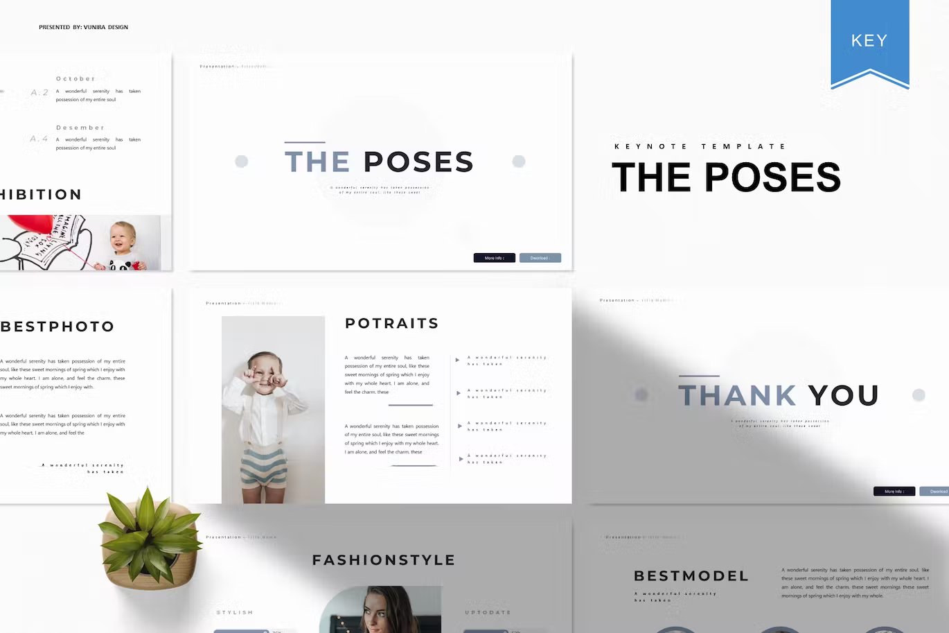 Black lettering "The Poses Keynote Template" and different templates on a gray background.