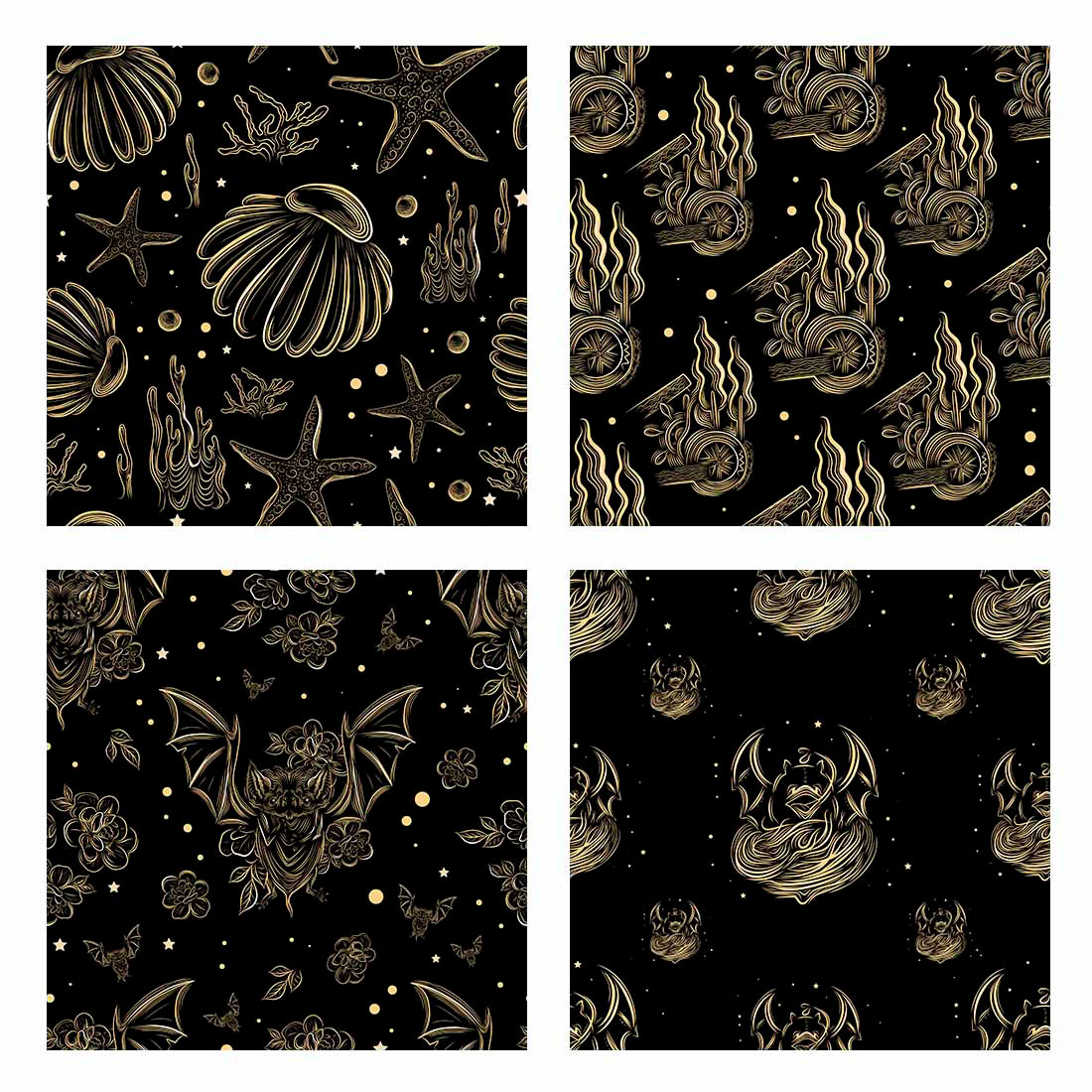 A selection of images of colorful black and gold patterns.