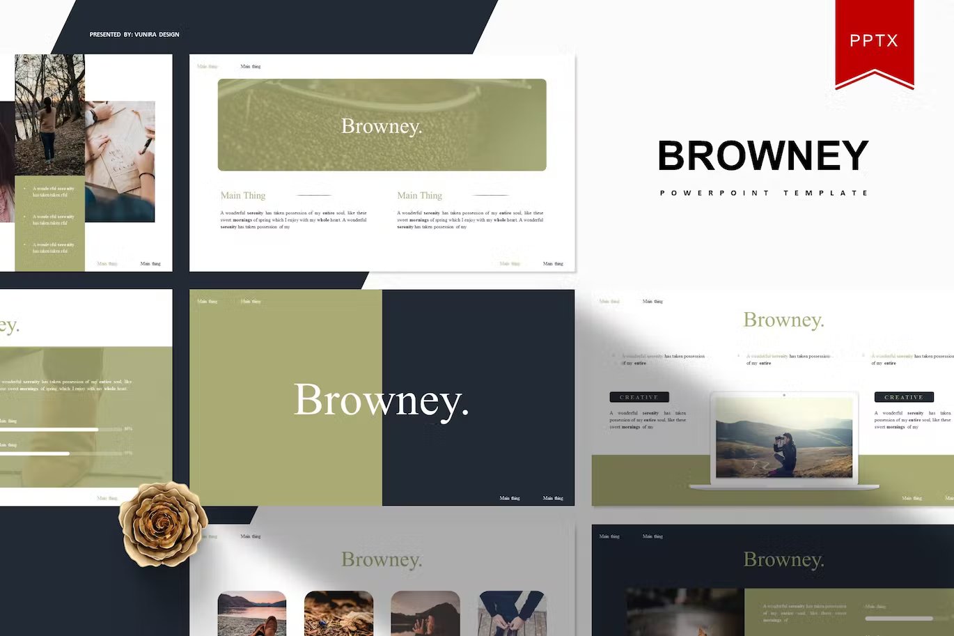 Black lettering "Browney Powerpoint Template" and different templates on a gray background.
