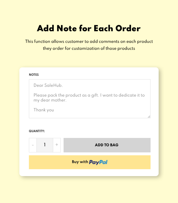 Black lettering "Add note for each order" and example for it.