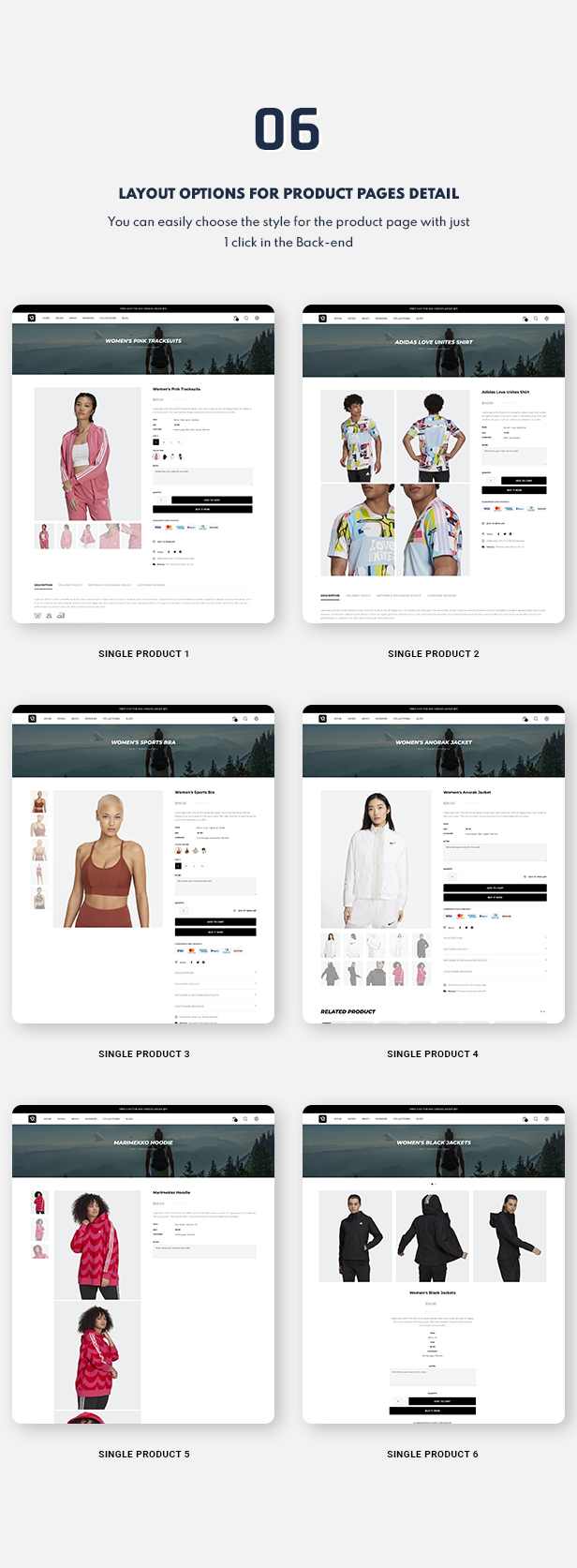 6 different layout options for product pages detail.
