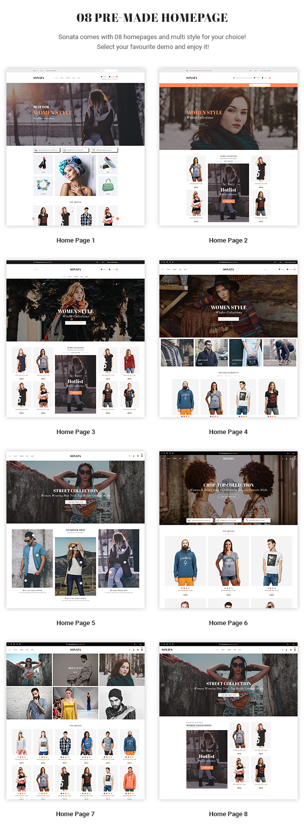 A set of 8 pre-made homepages of sonata fashion and clothes shopify theme.