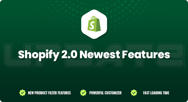 White lettering "Shopify 2.0 Newest Features" on a green background.