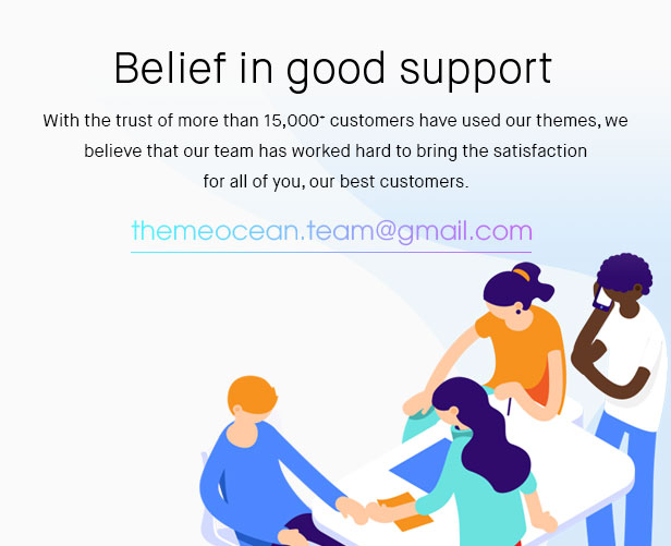 Black lettering "Belief in good support" and illustration on a gray background.