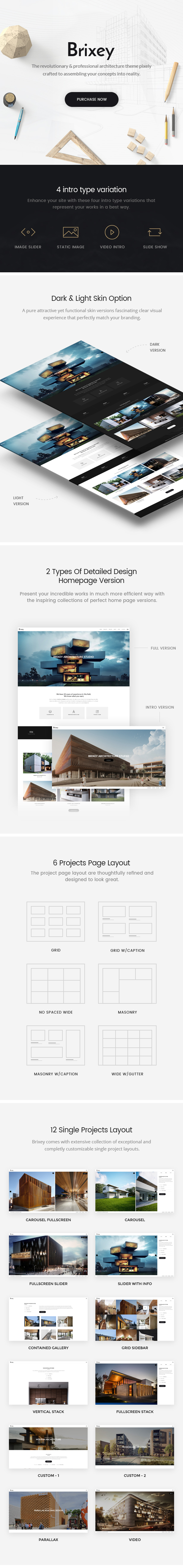 A set of different pages of brixey responsive architecture wordpress theme.