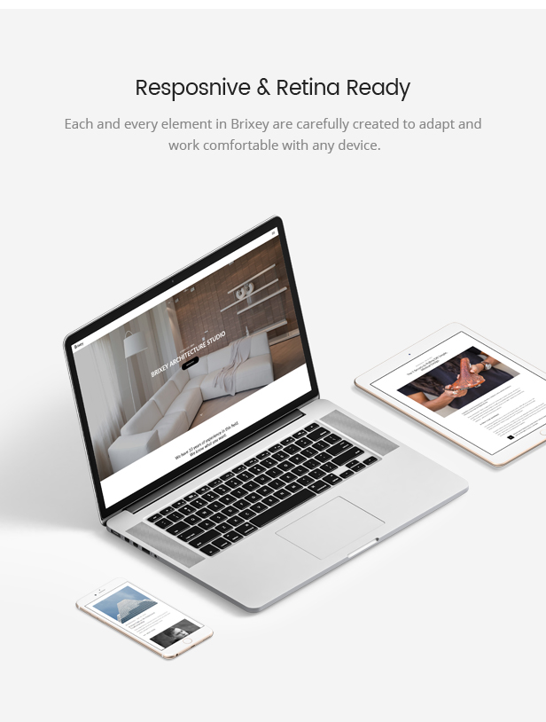 Responsive and retina ready page on the mockups of devices on a gray background.
