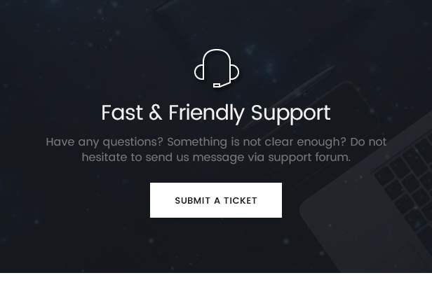 White lettering "Fast and frienfly support", button and icon on the black background.