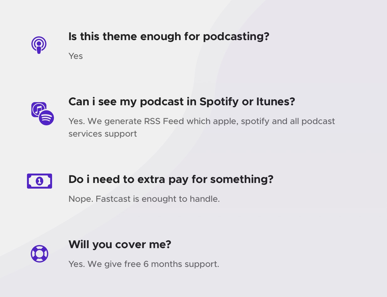 4 purple icons and answers to questions on a gray background.