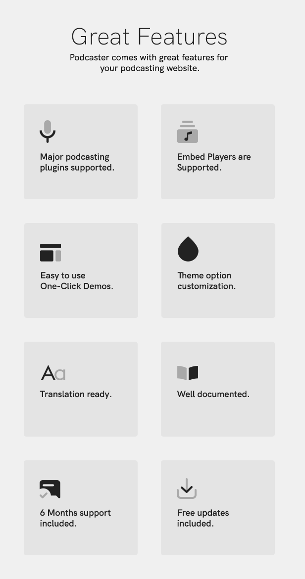 A set of 8 great features on a gray background.