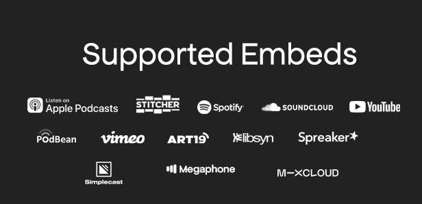 White lettering "Supported Embebs" and different white logos on a black background.