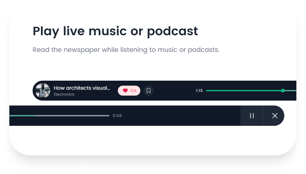 Template with title "Play live music or podcast" and template of podcast.