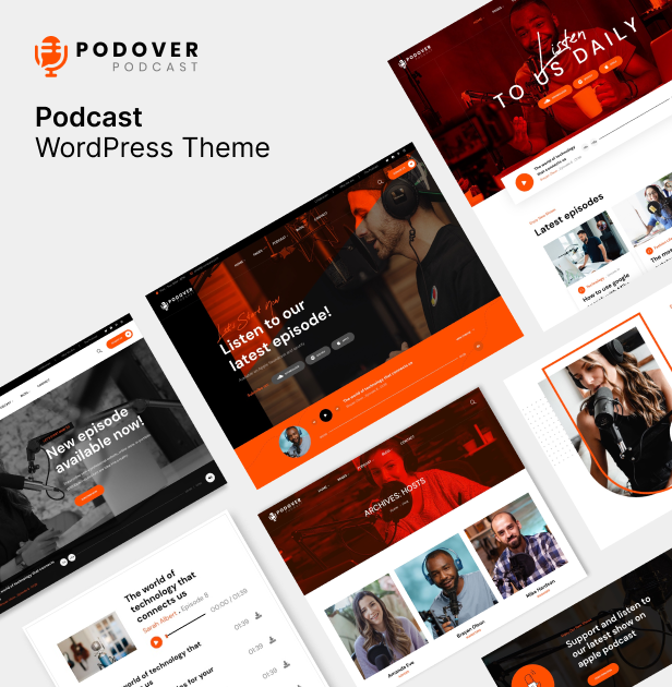 Podcast template with bright elements and sections.