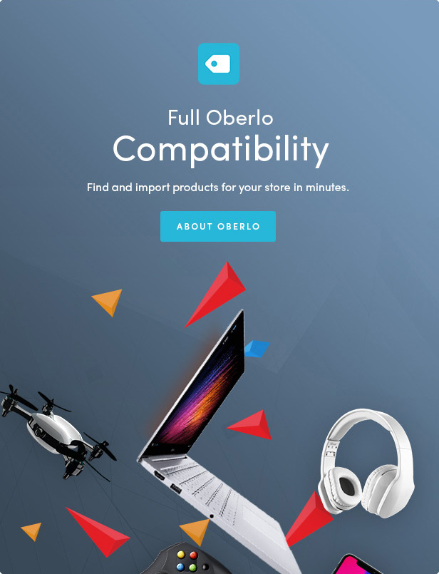 White lettering "Full Oberlo Compatibility" on a blue background with different tech.