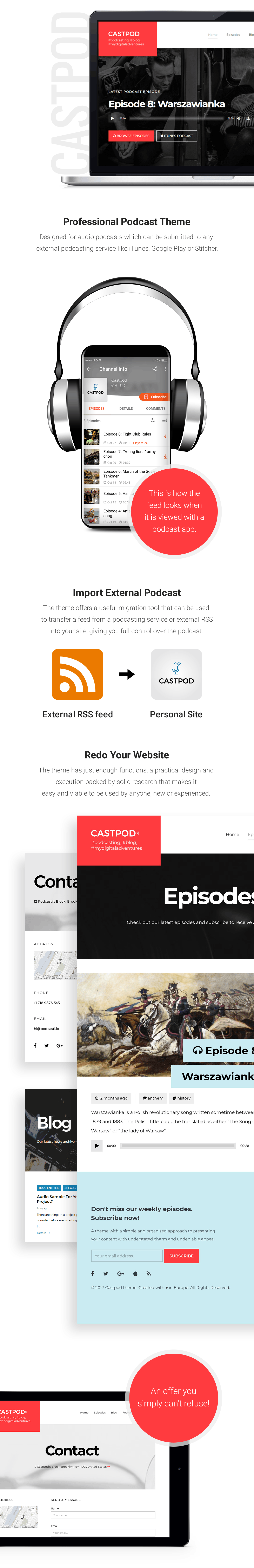 A set of different pages of castpod a professional wordpress theme for audio podcasts.