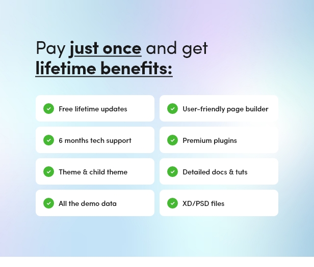 Black lettering "Pay just once and get lifetime benefits" and 8 bullet points.