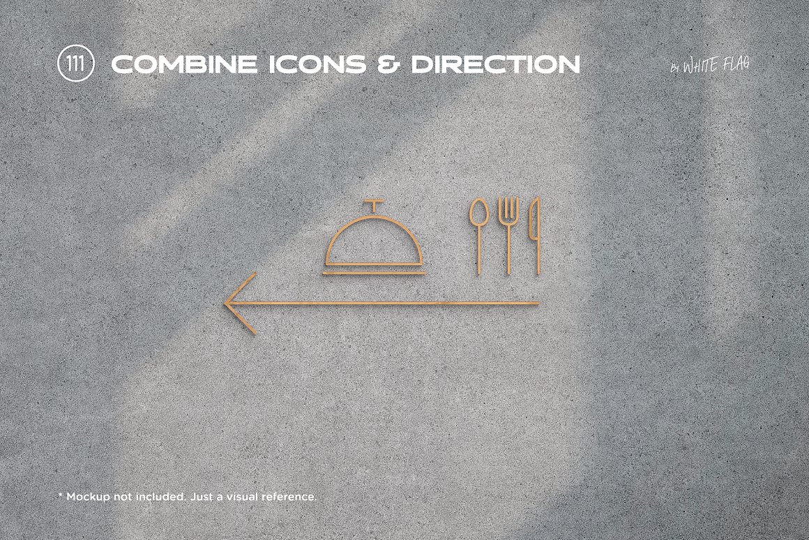 White lettering "Combine icons & direction" and beige hotel icon on a gray background.