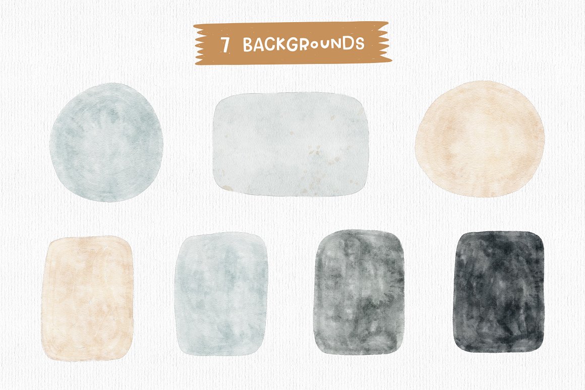 Clipart of 7 watercolor backgrounds on a gray background.