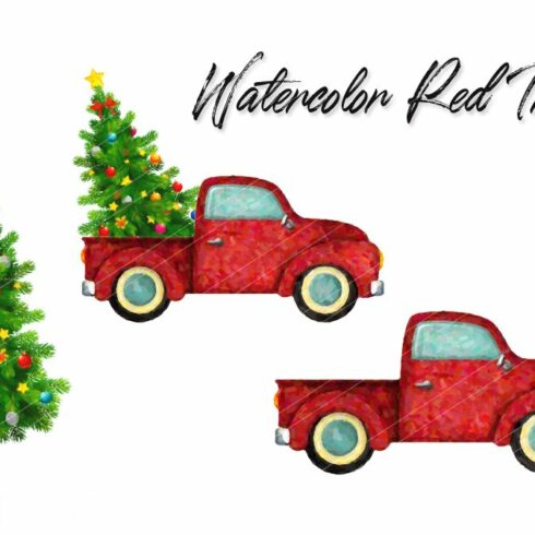 Watercolor Red Truck Christmas ClipArt.