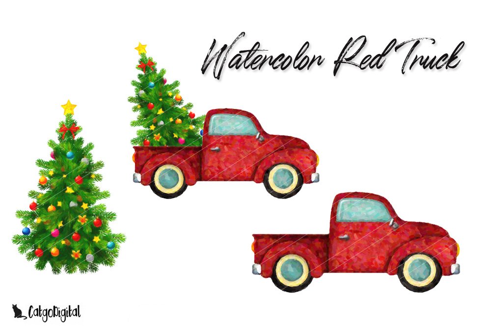 Watercolor Red Truck Christmas ClipArt.