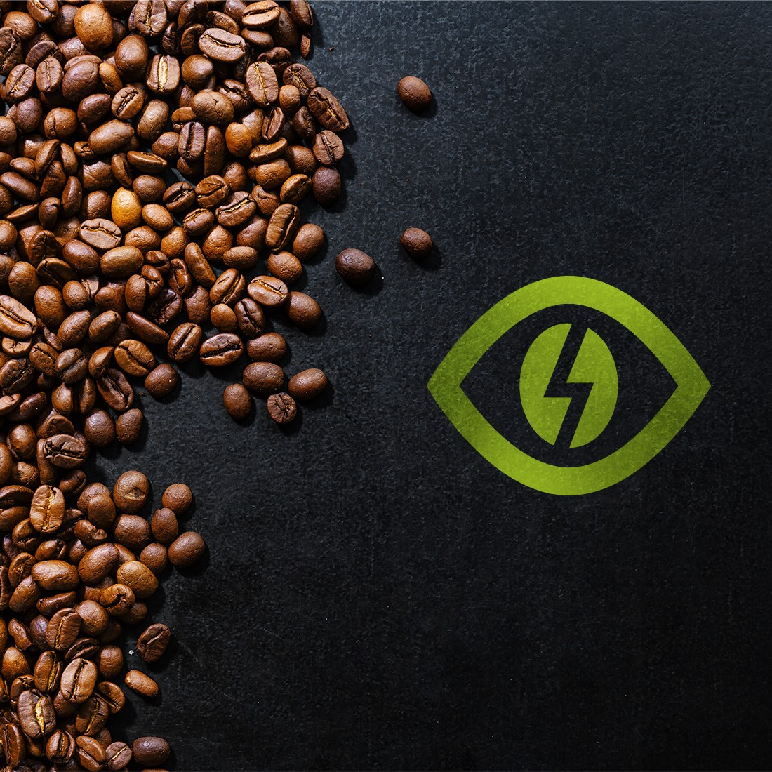 Black background with some coffee grains and neon logo/